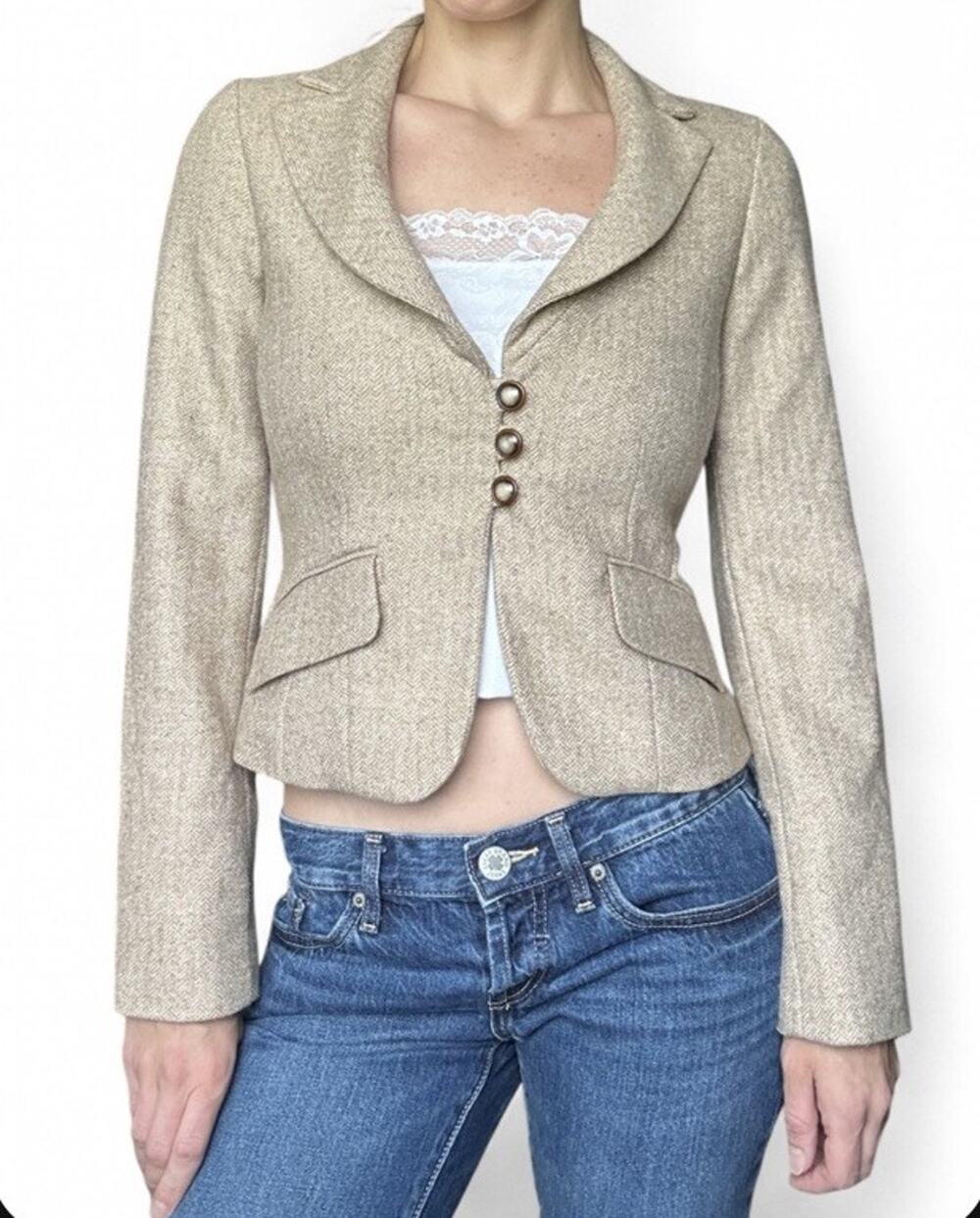 Vintage Bebe Tan Wool Blend Blazer Jacket Herringbone Women’s 6 Y2K Preppy